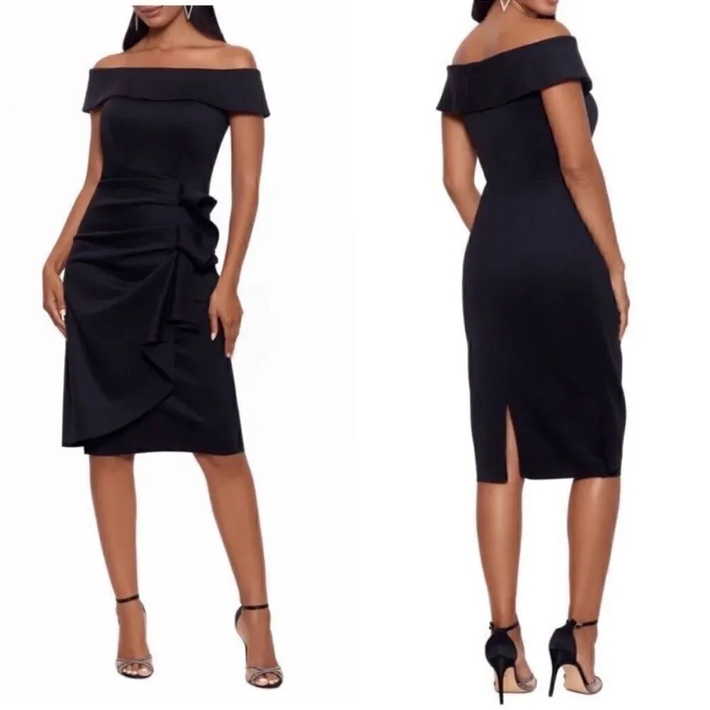 Xscape NWT Ruffle Off the Shoulder Scuba Dress In Black Size 14 NEW